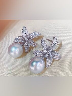 Silver Crystal Floral Pearl Drop Earrings - White Pearls
